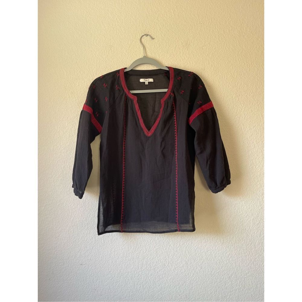 Madewell boho black embroidered lightstitch blouse XS‎